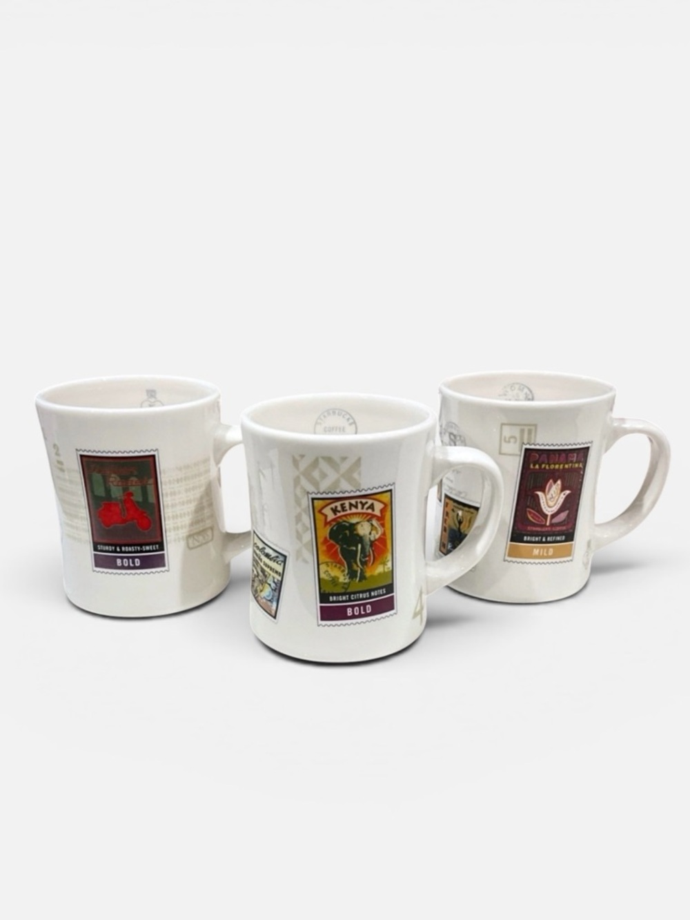 2002 STARBUCKS Coffee Barista Mug Air Mail Stamps Kenya, Panama, Italian Roasts